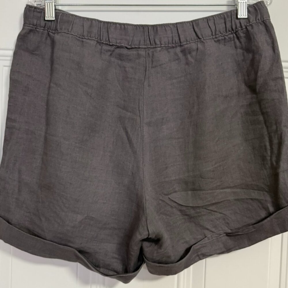 Ellen Tracy Linen Shorts Sz Medium Gray Drawstring Gold Hardware Cuffed Coastal - Picture 2 of 5
